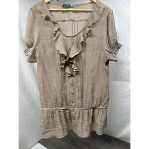 Ruffled XXL Med Blouse Brown Ruffled Sleeveless Button Up Elastic Waist Gauze